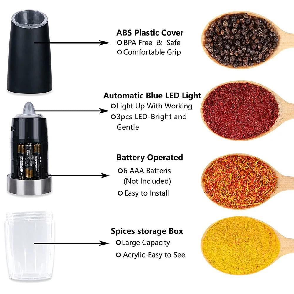Automatic Blue LED Gravity Electric Salt Pepper Grinder Mill Shakers Adjustable
