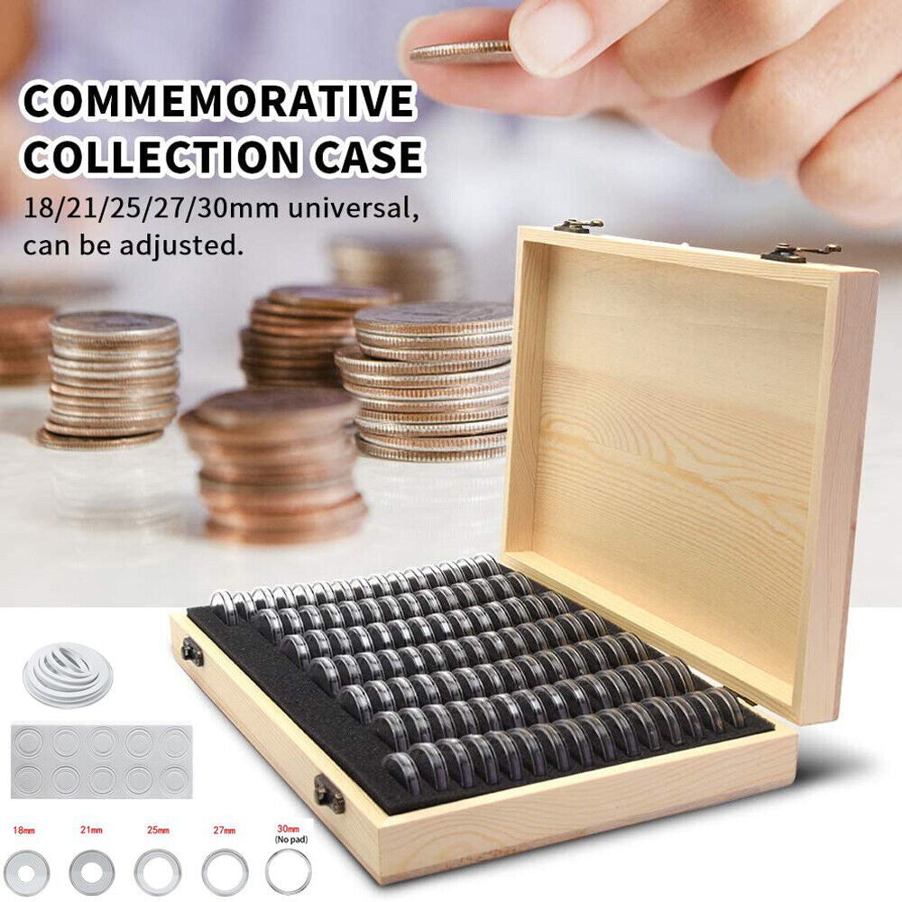 100PCS Coin Capsules with Foam Gasket Holder Case Wooden Storage Case Collection