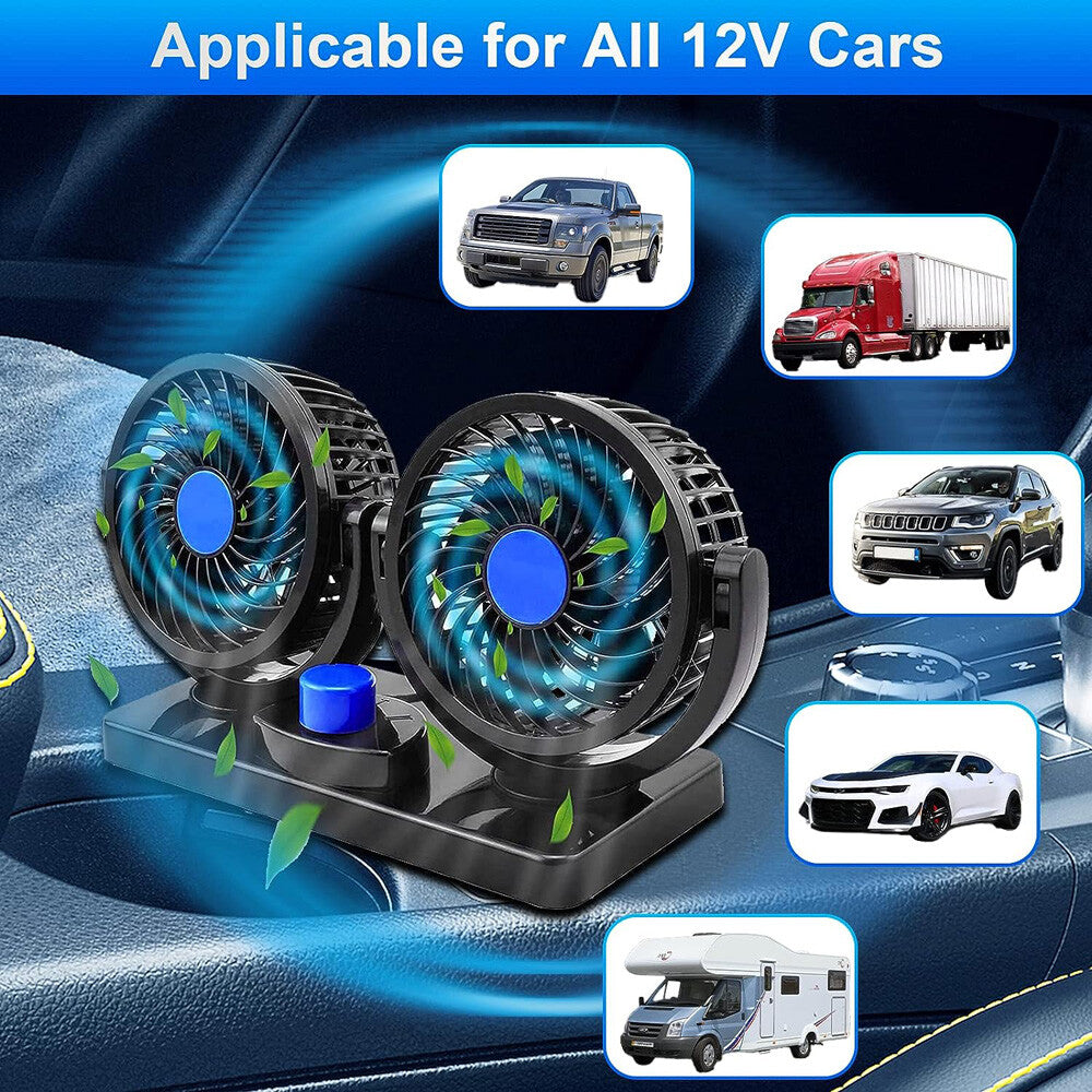 12V Dual Head Car Fan Portable Vehicle Truck 360° Rotatable Auto Cooling Cooler
