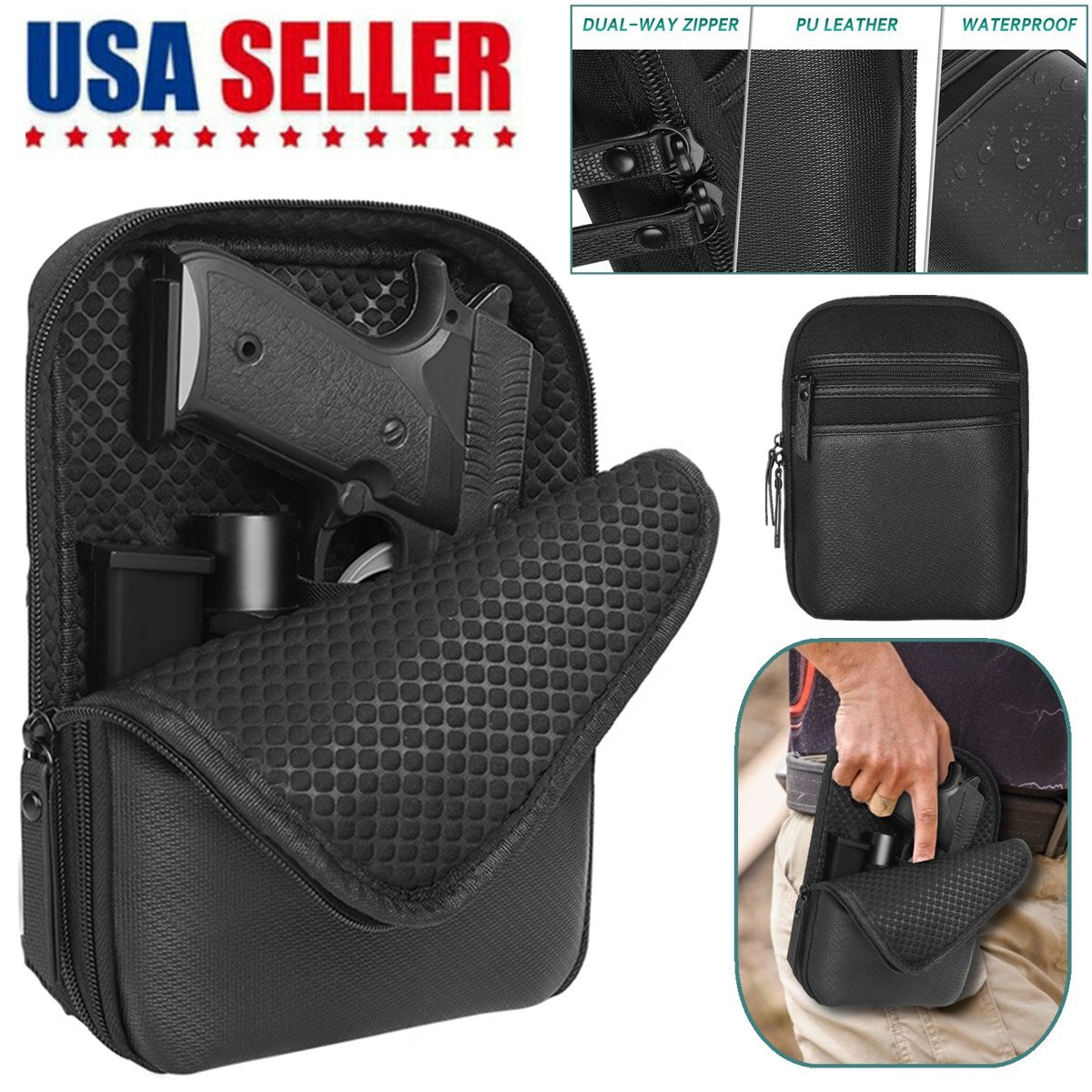 Black Concealed Carry Gun Pouch Pistol Holster Pack Waist Pocket with Belt Loops
