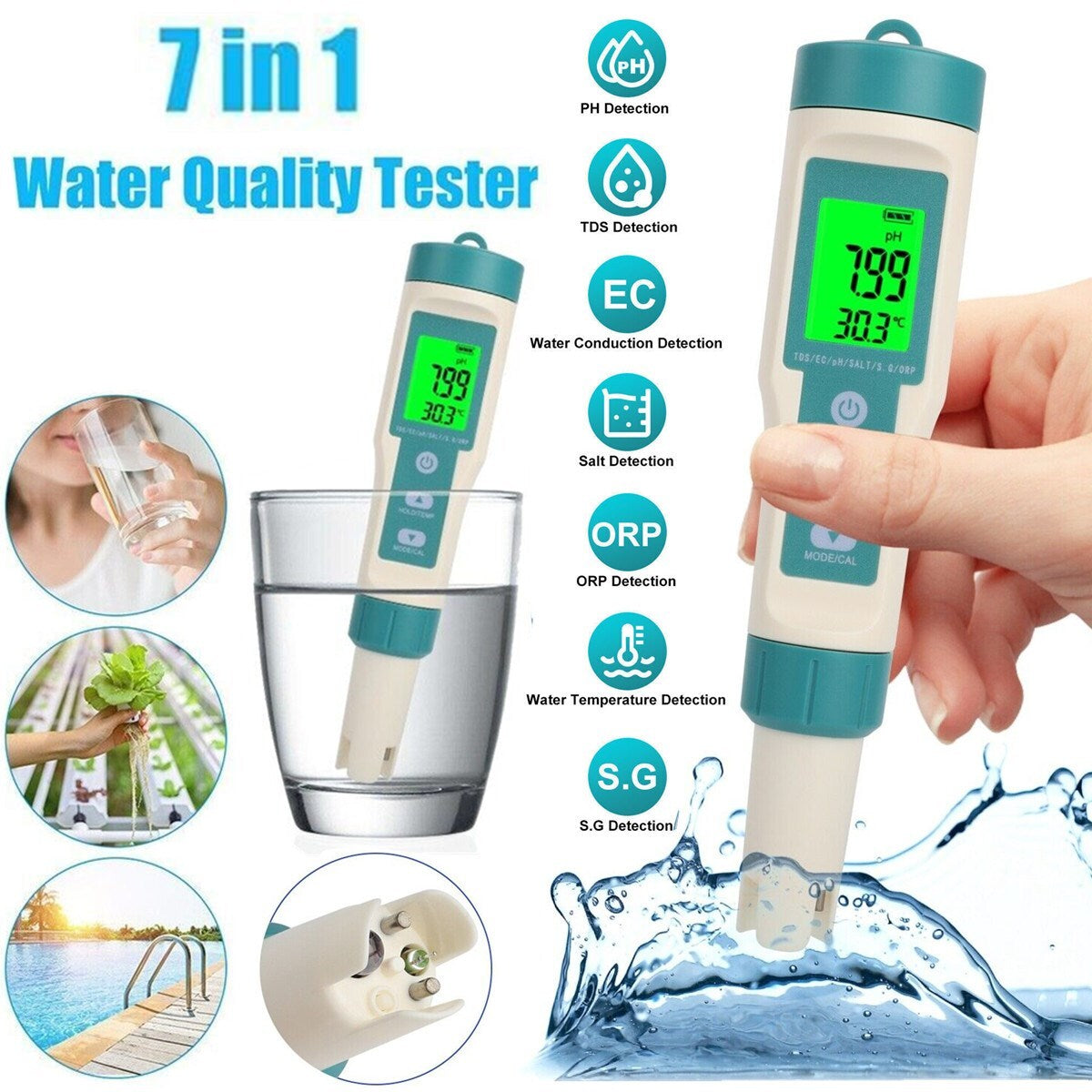 Water Quality Tester Meter Pen 7 in 1 Digital LCD PH/TDS/EC/ORP/