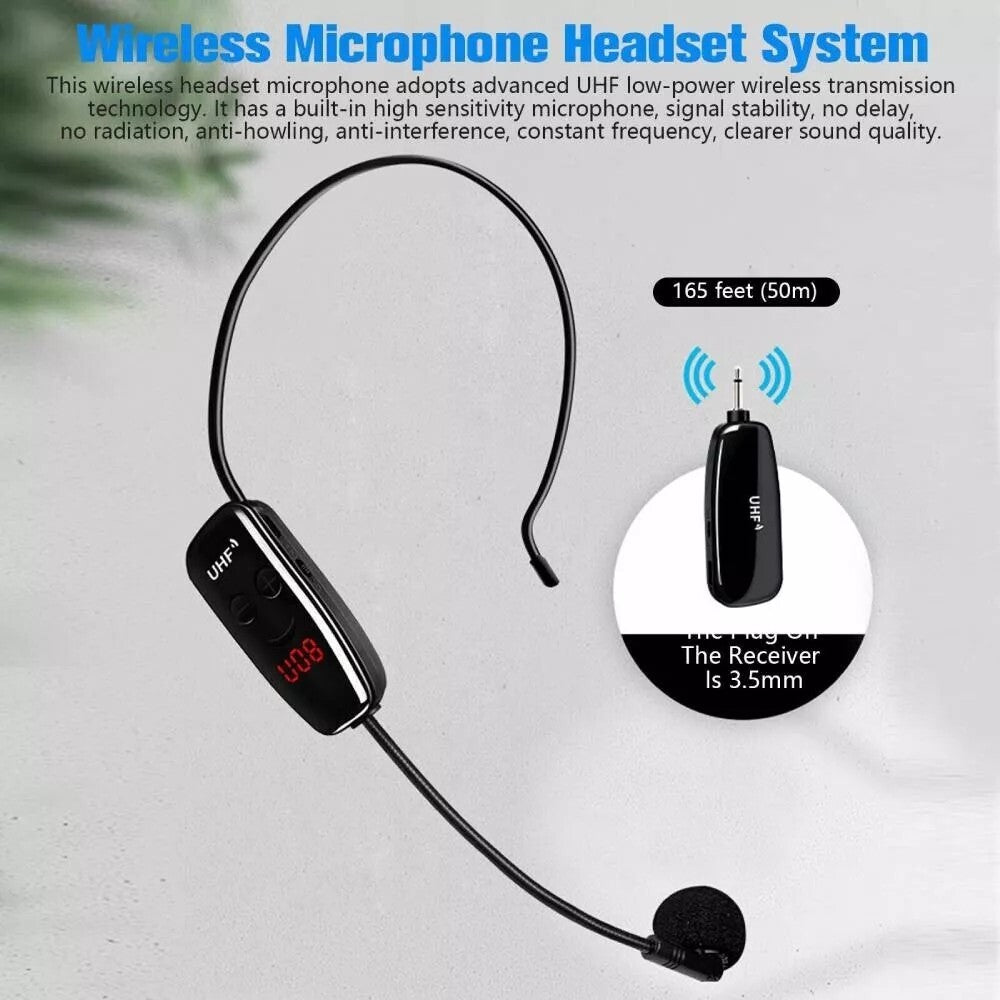 165FT Range UHF Wireless Microphone Headset Mic System+Digital Screen Speech US