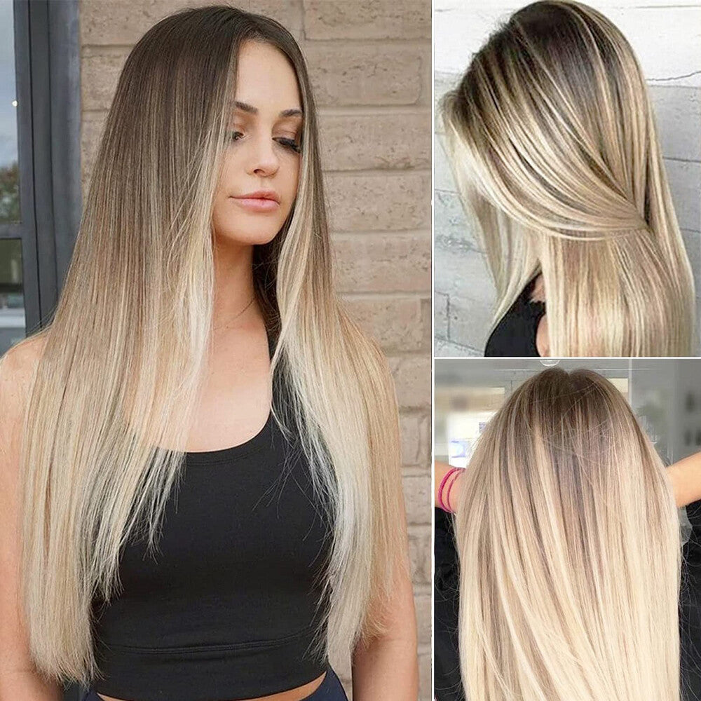 Ombre Blonde Women Real Long Straight Hair Wigs Ladies Natural Cosplay Full Wig