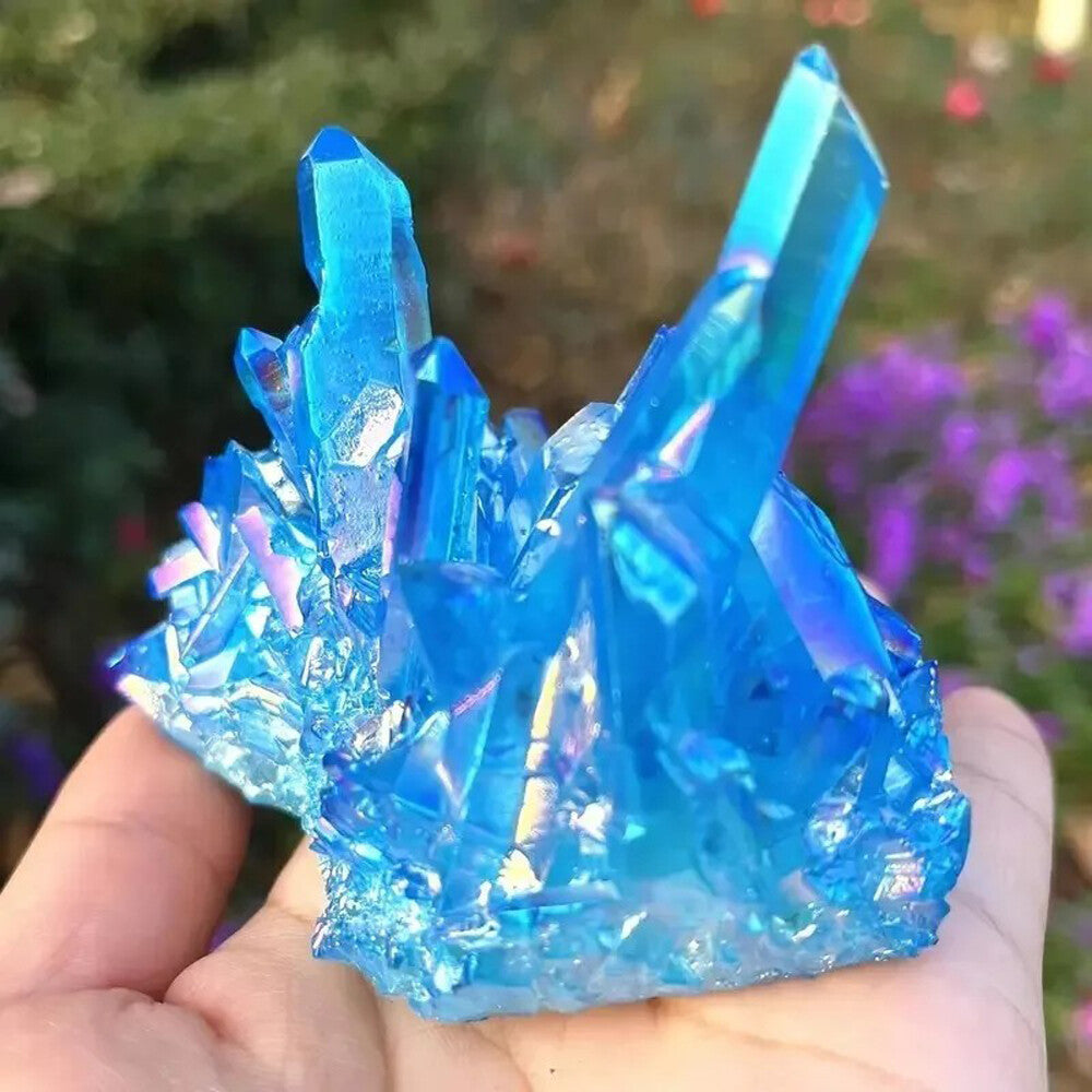 80-100G Titanium Aura Blue Crystal Rock Rainbow Healing Cluster Geode Decor Gift