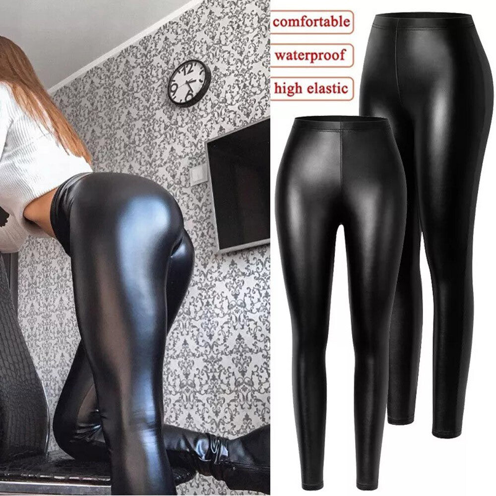 Women Stretchy Faux Leather Leggings Casual PU Pants High Waist Pencil Trousers