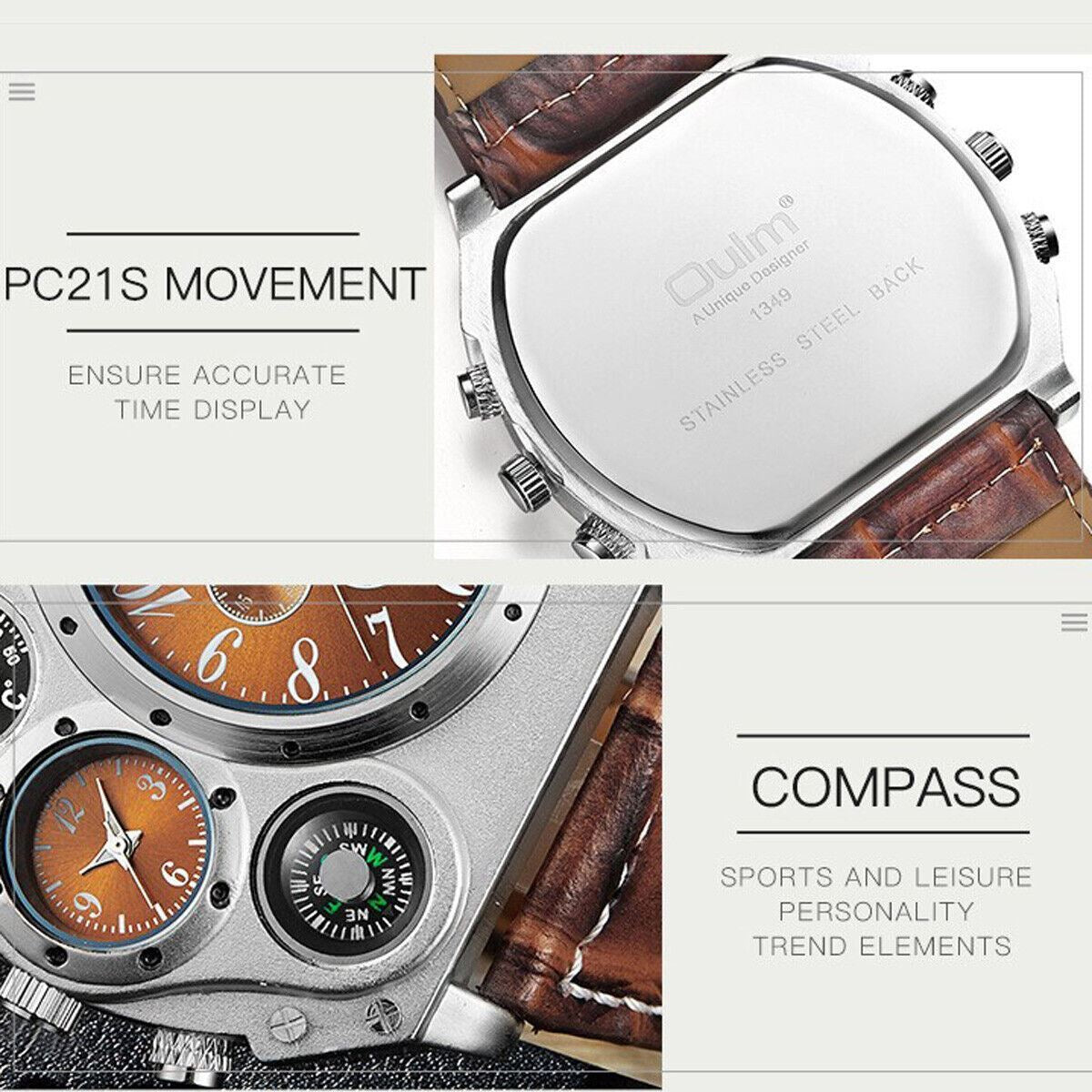 Two Time Zones Men Army Sports Fashion Big Dial Leather Strap Quartz Wrist Watch