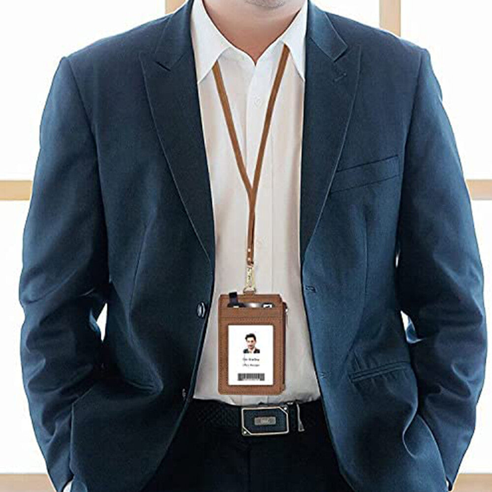 Vertical Leather ID Card Holder Badge Wallet Pocket W/6 Slot Neck Strap Lanyard