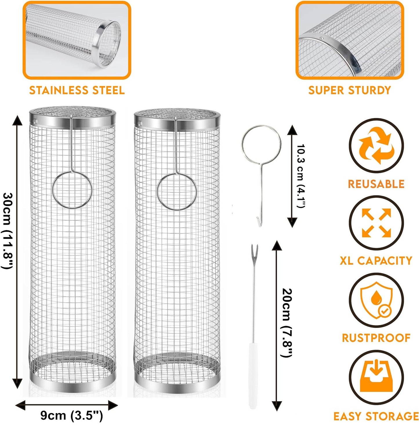 2 Pack Rolling Grilling Basket Stainless Steel for BBQ Grill Outdoor Tools US