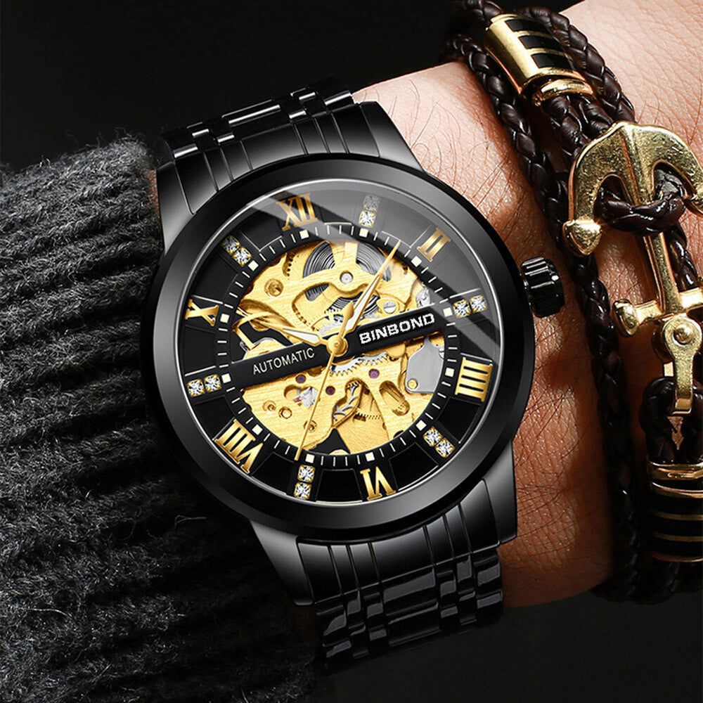 Luxury Men'S Stainless Steel Gold Tone Skeleton Automatic Mechanical Wrist Watch
