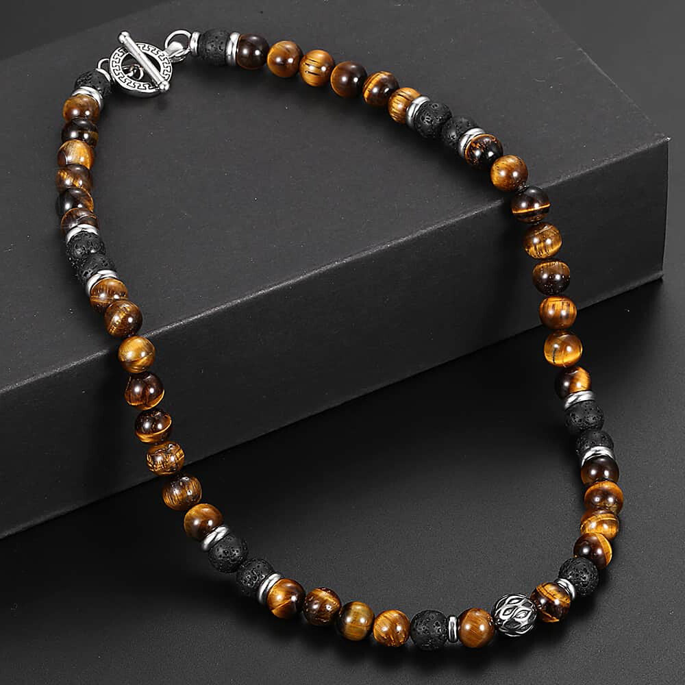 Men'S 8Mm Natural Tiger Eye Lava Bead Necklace Stainless Steel Toggle 18/20/24"