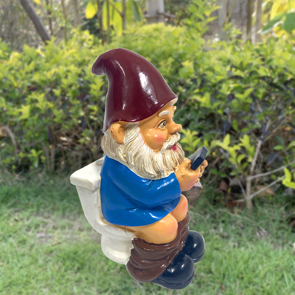 3D Dwarf Toilet Play Phone Statue Garden Gnome Resin Doll Figurines Crafts USA