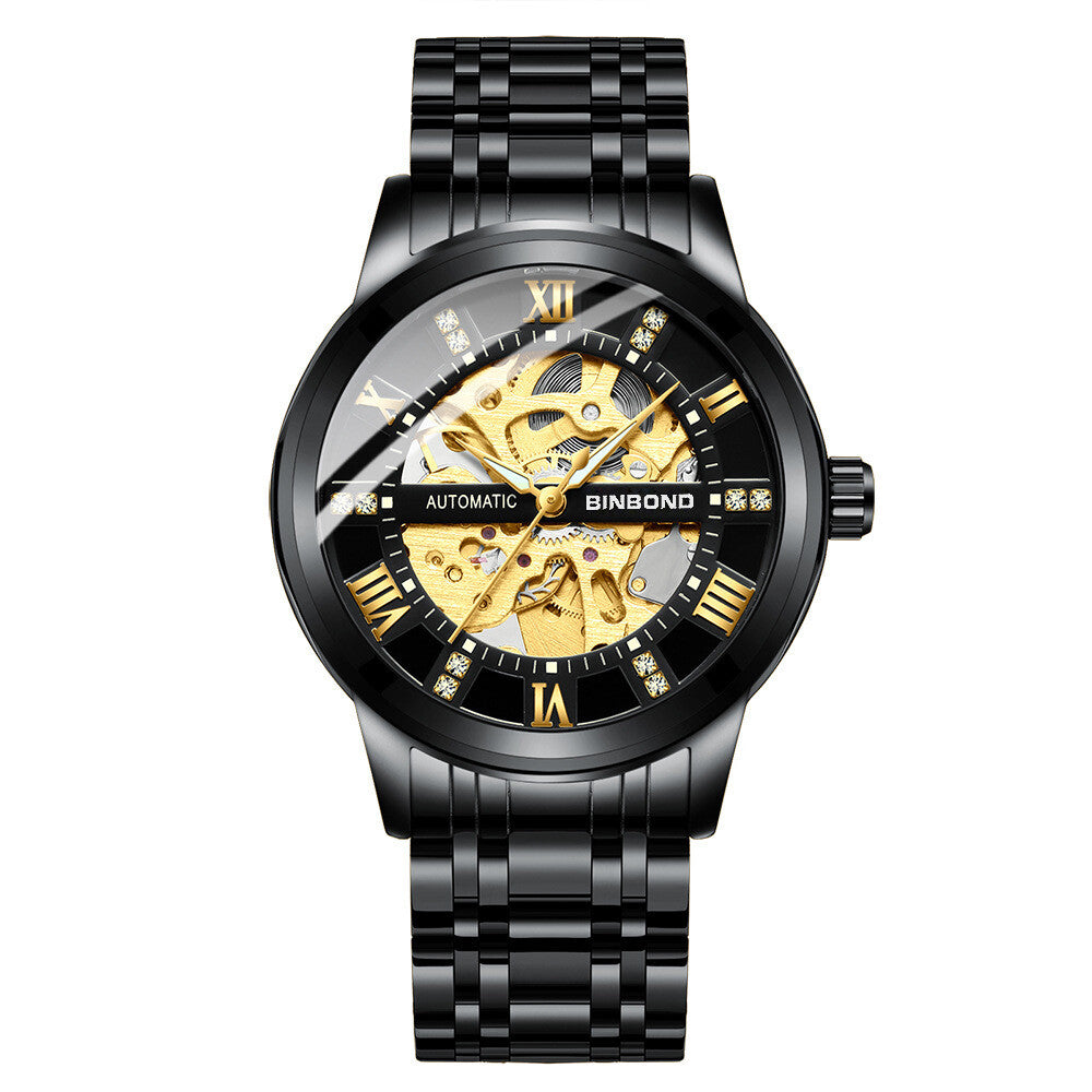 Luxury Men'S Stainless Steel Gold Tone Skeleton Automatic Mechanical Wrist Watch