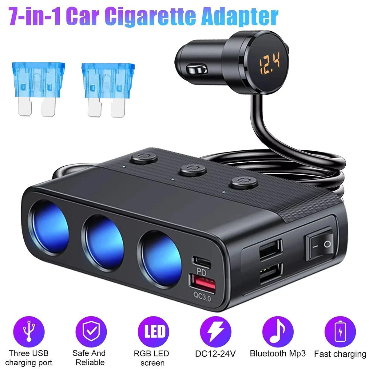 Quick Charge 3-Way Car Cigarette Lighter Socket Splitter 7 in 1 Power Adapter US