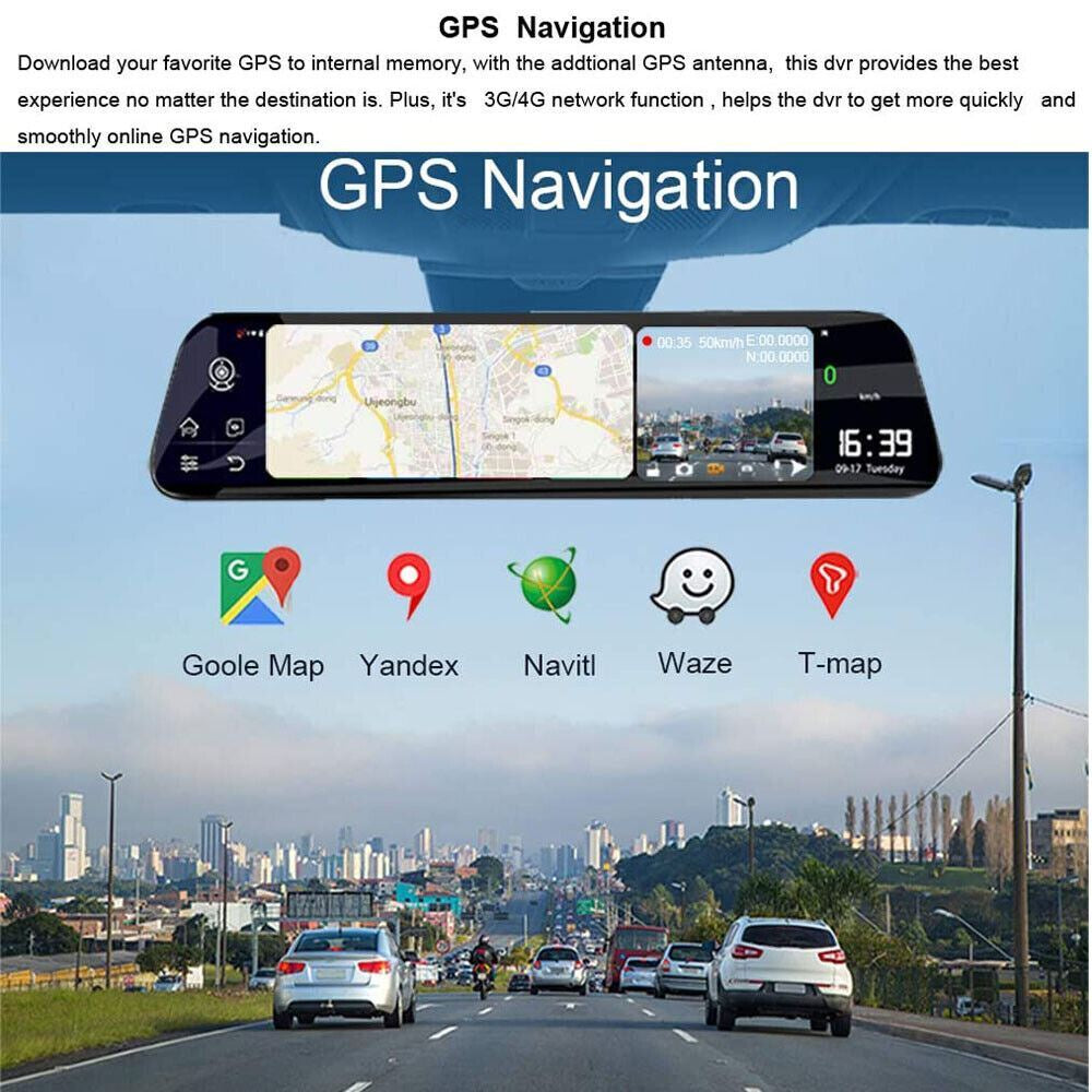 4K 12" Dash Cam Mirror GPS Wifi Voice Control Car Rear View Backup Dual Camera