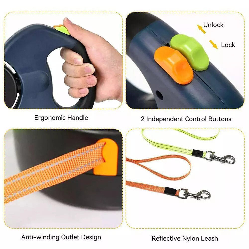 Dual Pet Leash Retractable Reflective Lead 360 Swivel Double Dog Walking Leash