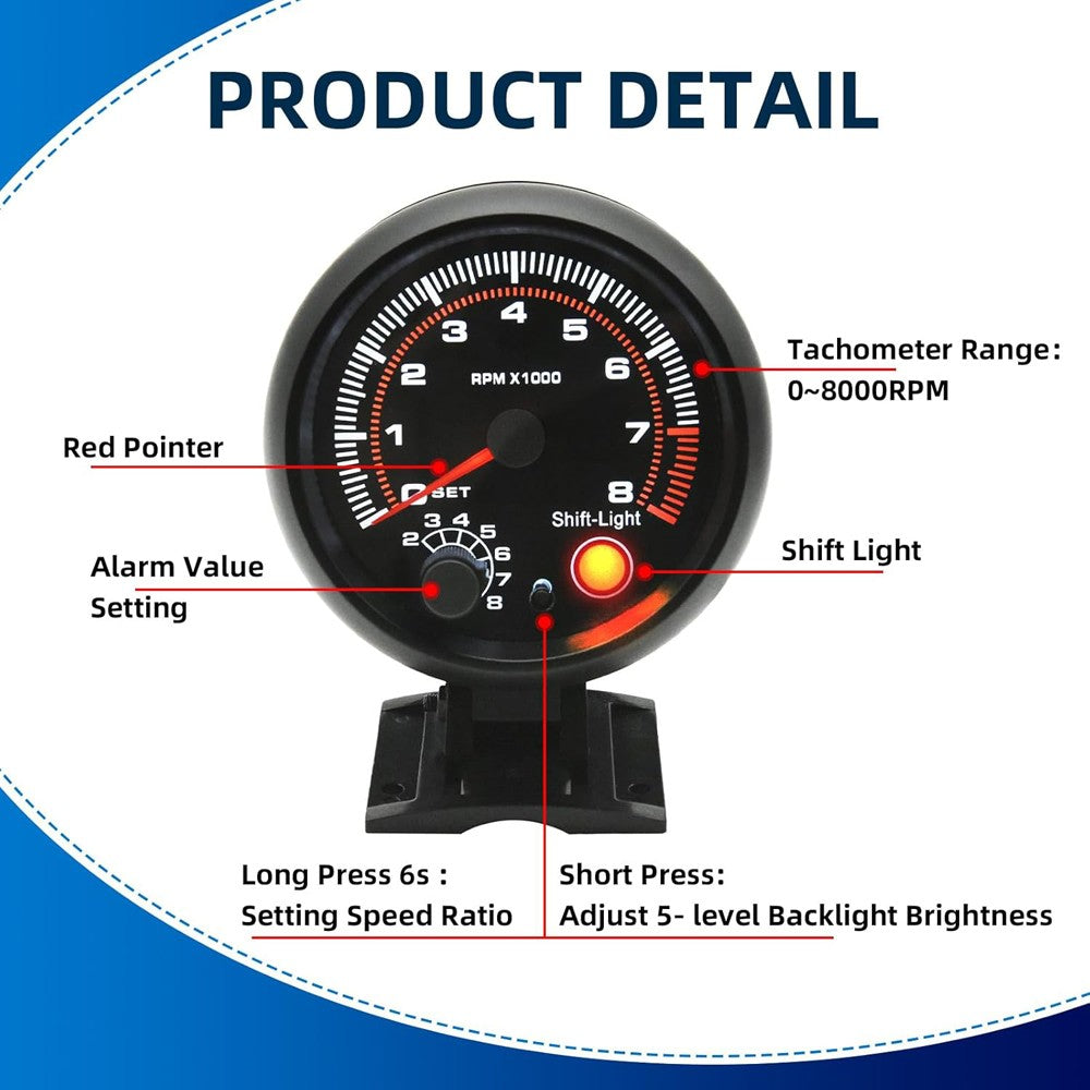 12V 3.75" Universal Car Tachometer Gauge Meter with LED Shift Light 0-8000RPM