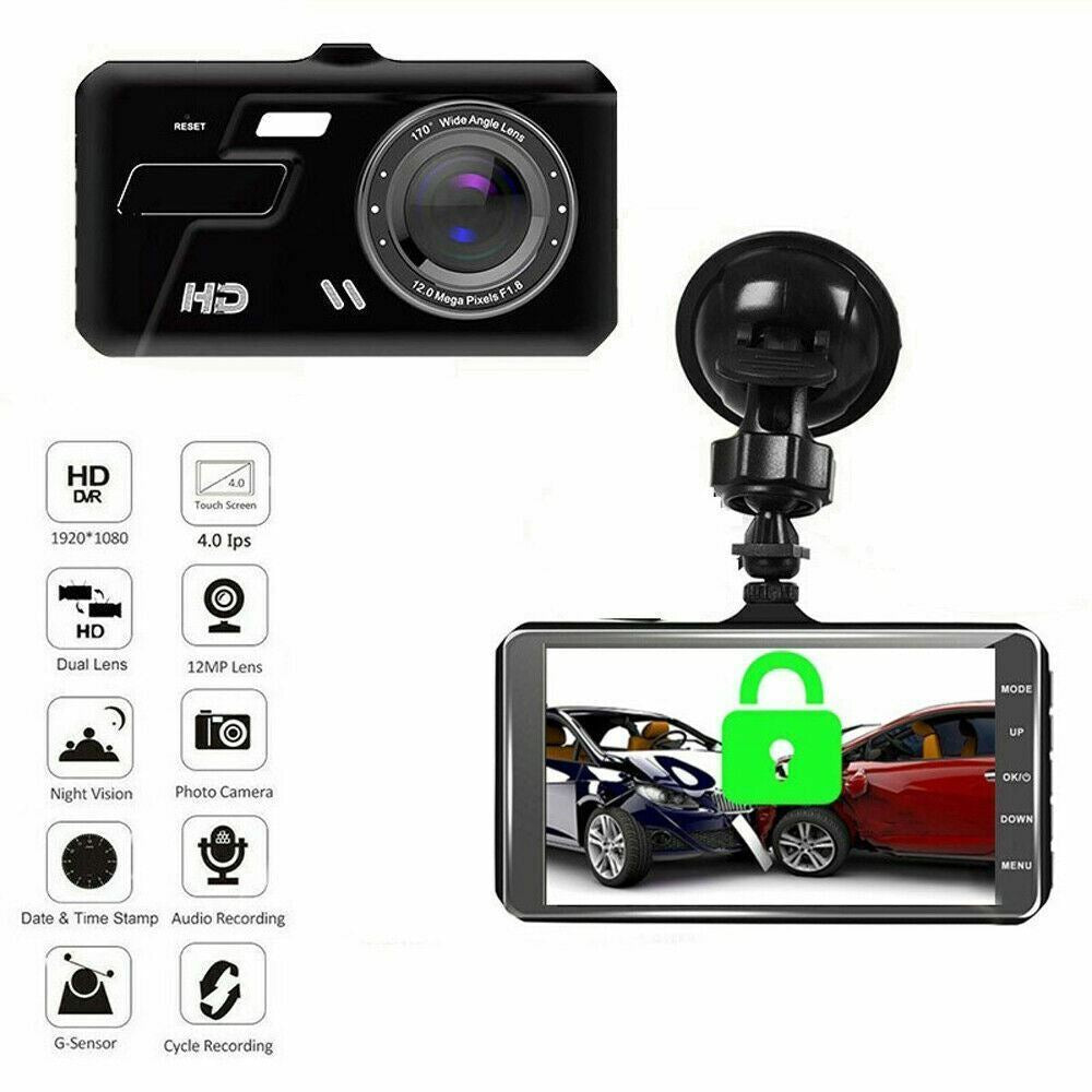 Touch Screen Dash Cam 4" 1080P Dual Lens Car DVR Recorder Front and Rear Camera