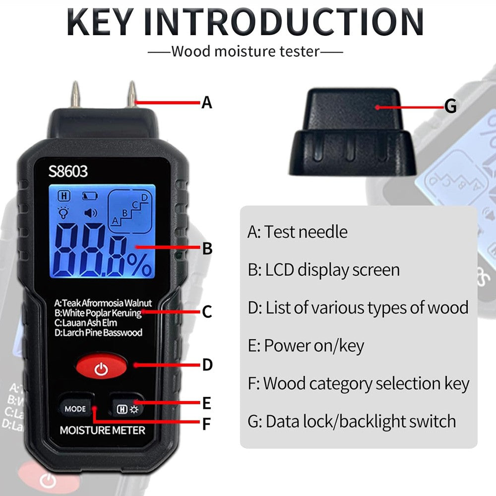Wood Moisture Meter LCD Digital Two Pins 0-99.9% Hygrometer Timber Damp Detector