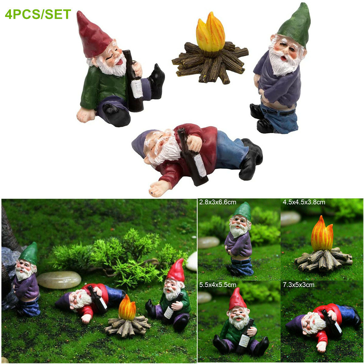 4PCS Fairy Garden Gnomes Accessories My Little Friend Drunk Gnome Dwarfs Gift US