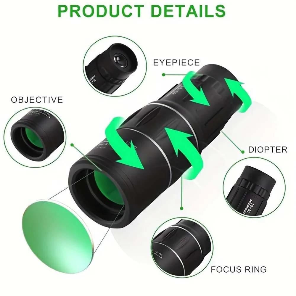 16X52 Dual Focus Monocular Zoom Rubber Armored Telescope for Hunting / Camping