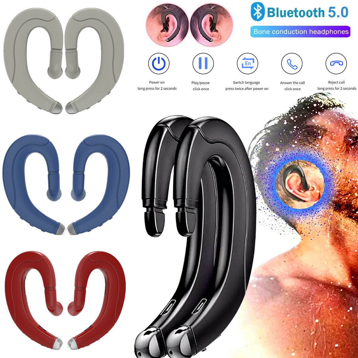 1 Pair Bluetooth Earbuds Stereo Headphone True Wireless Earphone Waterproof US