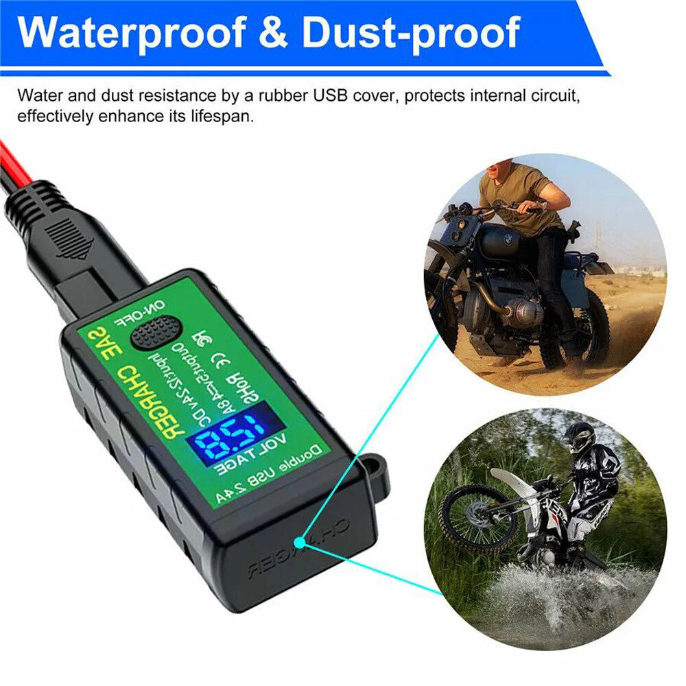 US Waterproof Motorcycle SAE to Dual USB Charger Port Voltmeter Adapter ATV UTV