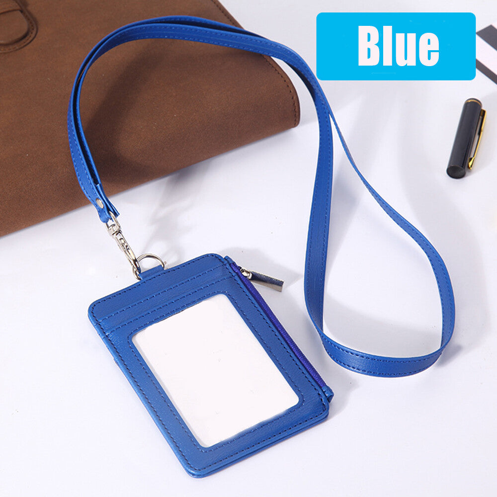 Vertical Leather ID Card Holder Badge Wallet Pocket W/6 Slot Neck Strap Lanyard