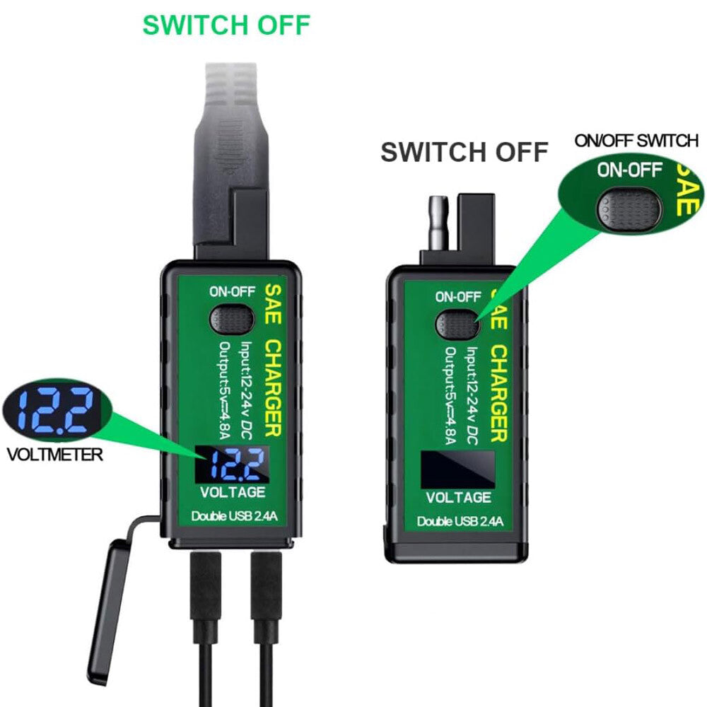 US Waterproof Motorcycle SAE to Dual USB Charger Port Voltmeter Adapter ATV UTV