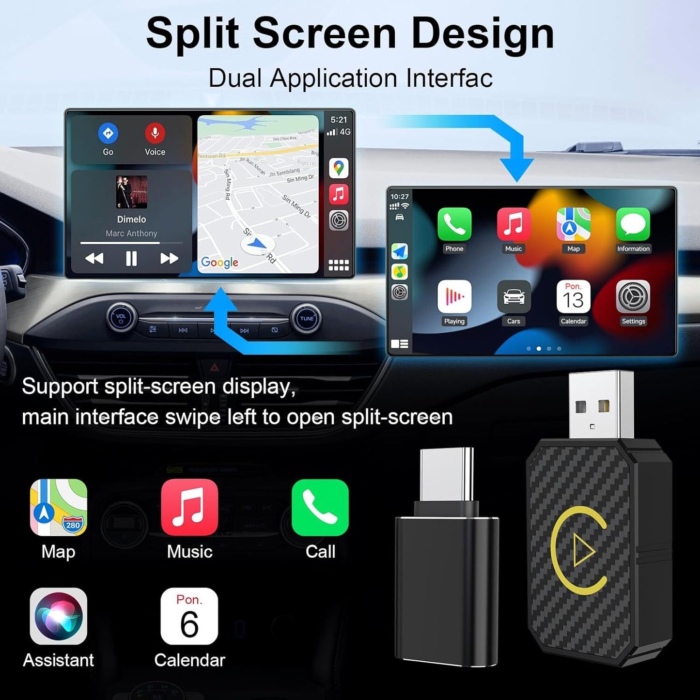 Mini Wireless Carplay Adapter for Apple Plug & Play Low Latency Converts Wired