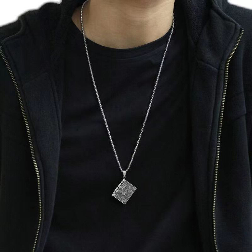 Bible Book Pendant Necklace Vintage Silver Cross Unique Jewelry for Men Women US
