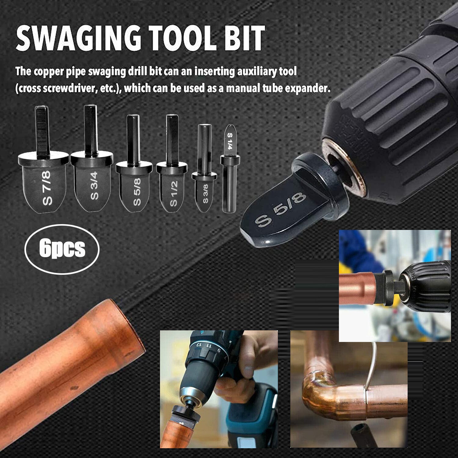 6PCS Air Conditioner Copper Tube Expander Swaging Tool Drill Bit Flaring Tool US
