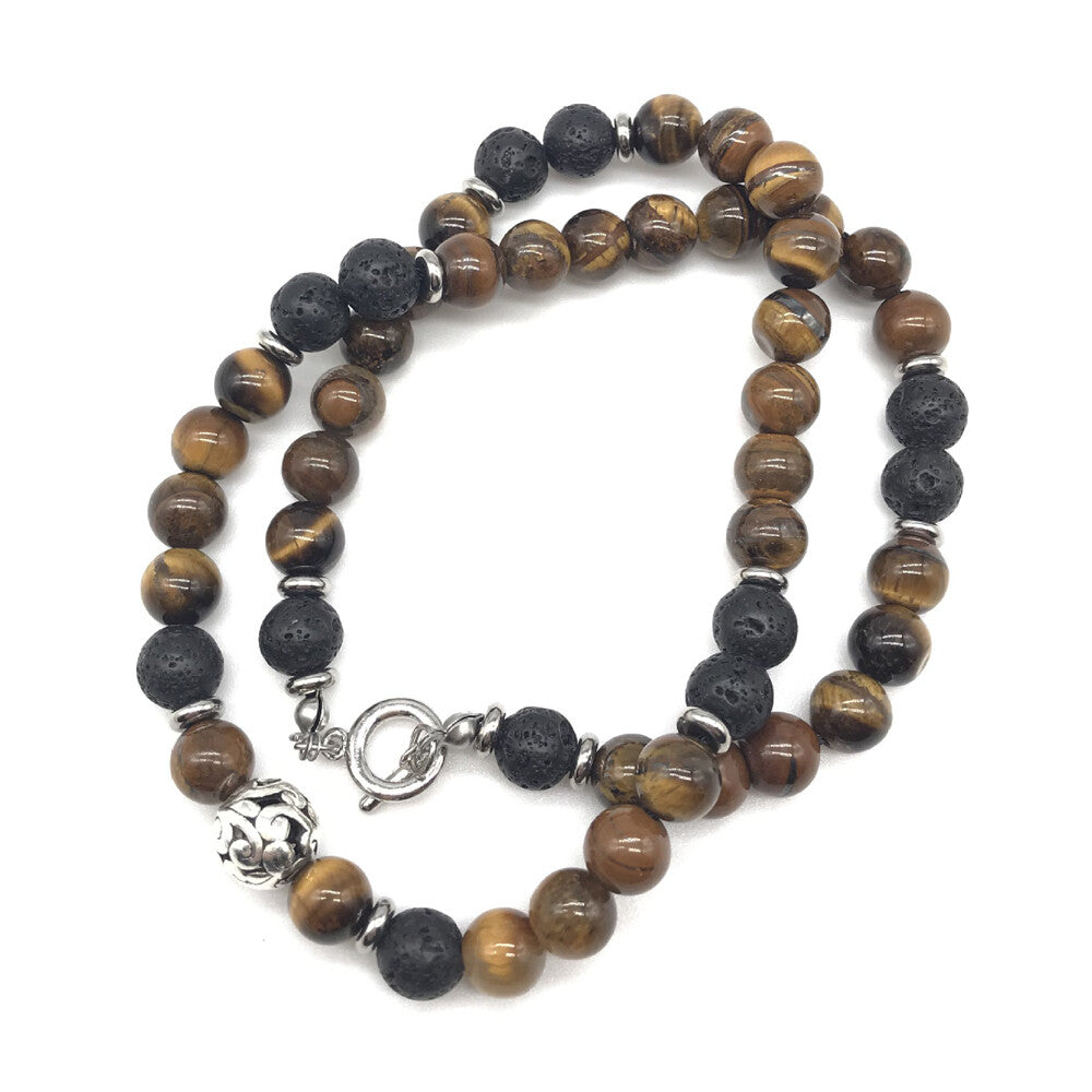 Men'S 8Mm Natural Tiger Eye Lava Bead Necklace Stainless Steel Toggle 18/20/24"