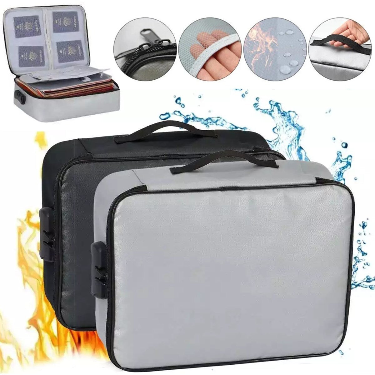 Fireproof Document Box with Lock File Storage Organizer Box Waterproof Safe Bag
