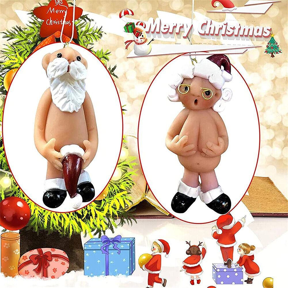 2PCS Resin Santa Claus Ornament Naked Santa Naughty Funny Christmas Tree Pendant