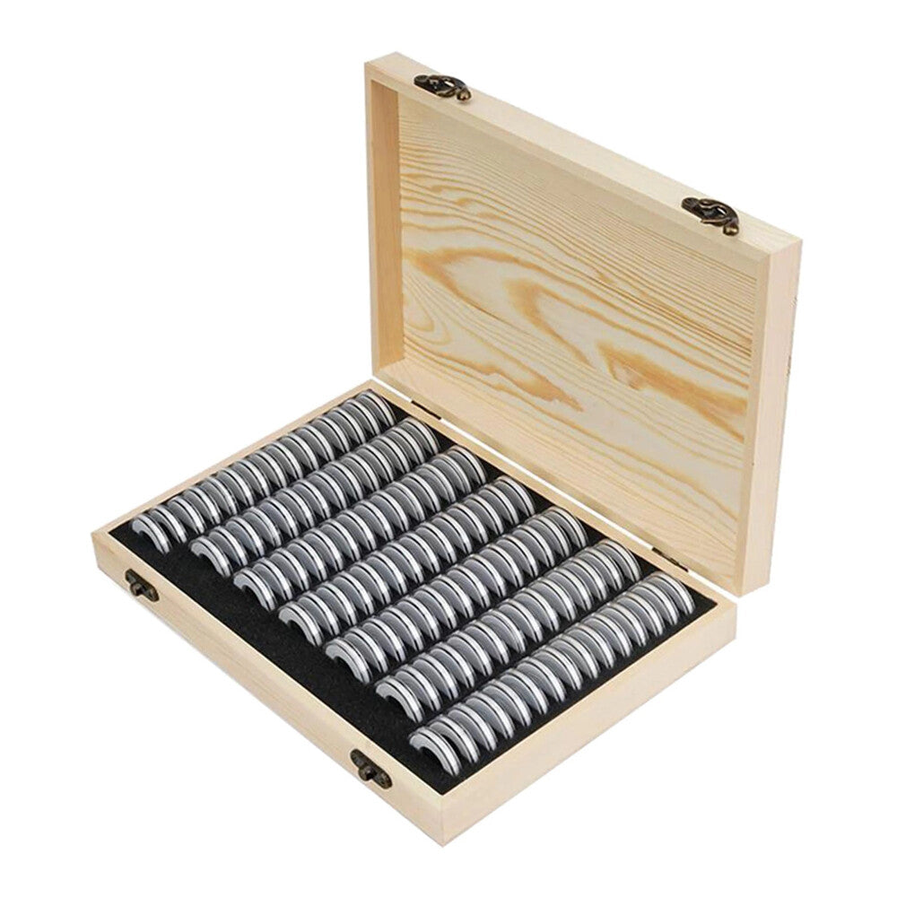 100PCS Coin Capsules with Foam Gasket Holder Case Wooden Storage Case Collection