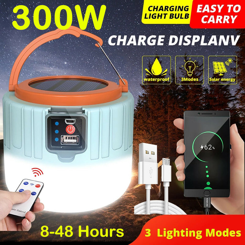 Bright Remote Control Solar LED Camping Lamp Rechargeable Light Bulb Tent Light