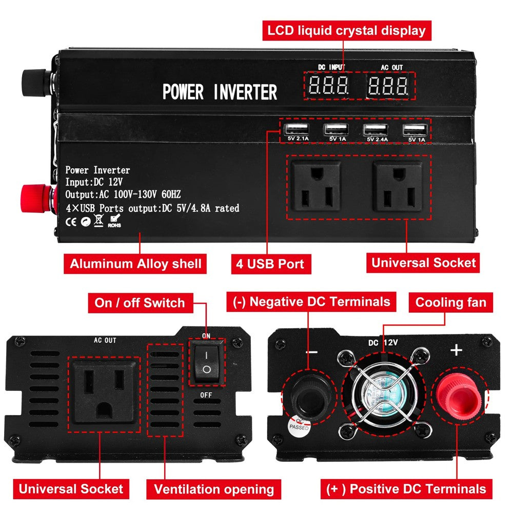 6000W Solar Converter Car Power Inverter DC 12V to AC 110V LCD Sine Wave Home RV