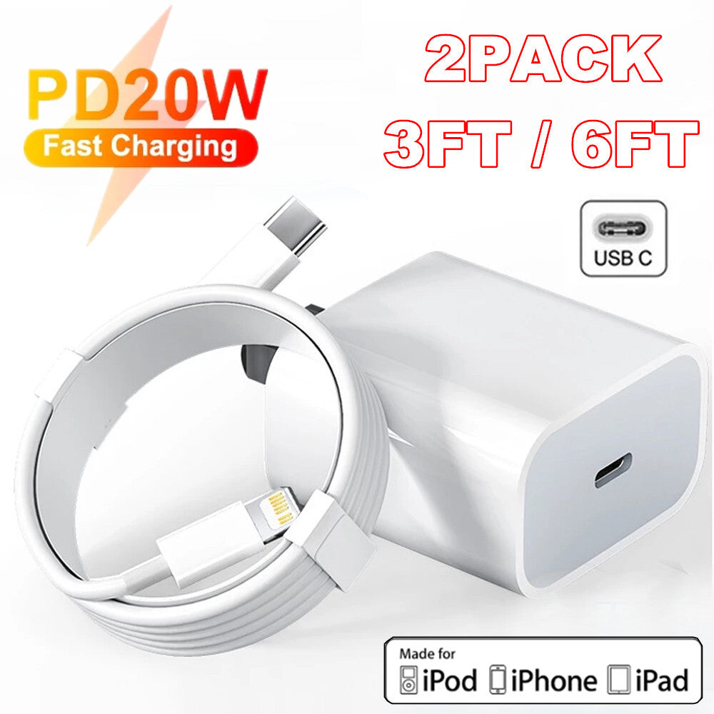 2PCS 20W USB-C Power Adapter Block PD Fast Charger Cable for Iphone 14 13 12 11