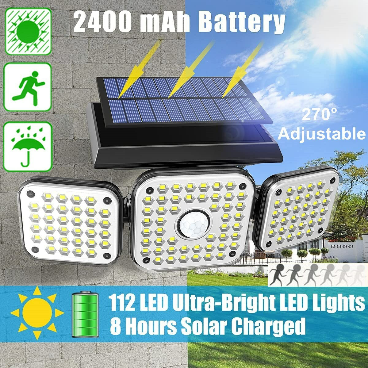 112 LED Solar Lamp Motion Sensor Wall Light Waterproof 3 Modes Garden Porch US