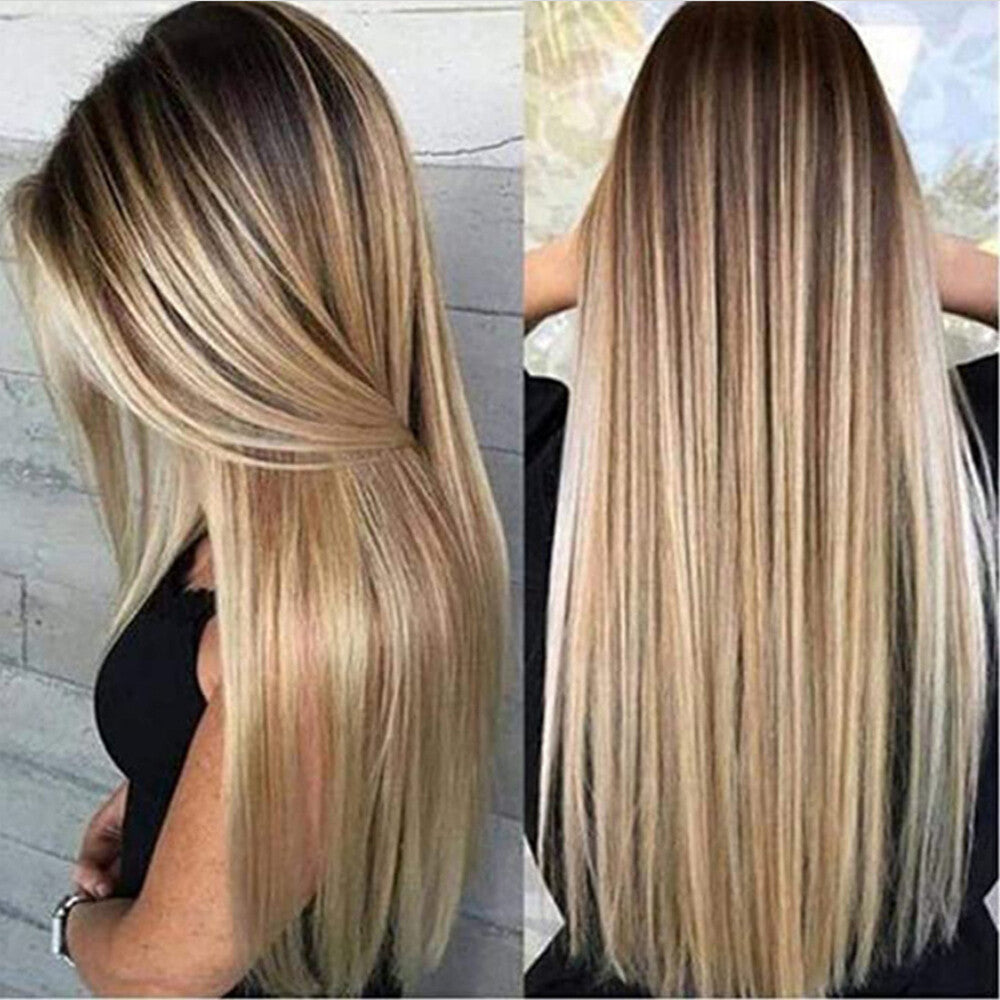 Ombre Blonde Women Real Long Straight Hair Wigs Ladies Natural Cosplay Full Wig