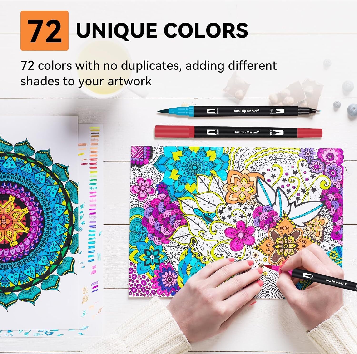 Dual Brush Marker Pens 72 Colors Art Markers Set W/ Fine and Brush Tip Kids Gift