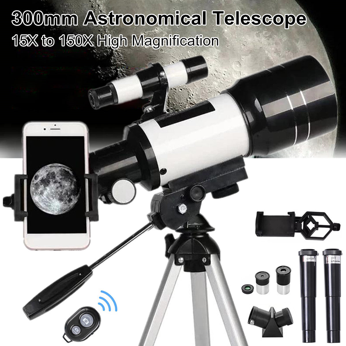Telescope 300MM Astronomical 150X with Phone Adapter Barlow Lens for Kids Gift