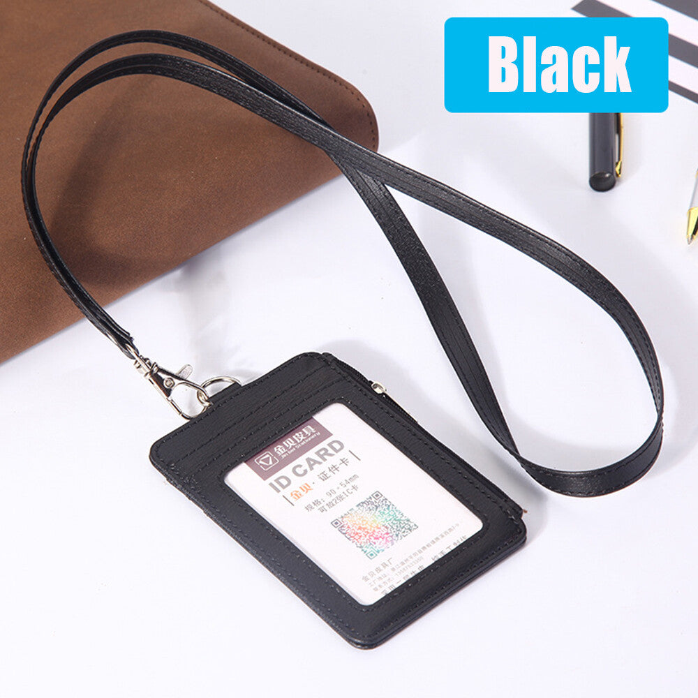 Vertical Leather ID Card Holder Badge Wallet Pocket W/6 Slot Neck Strap Lanyard