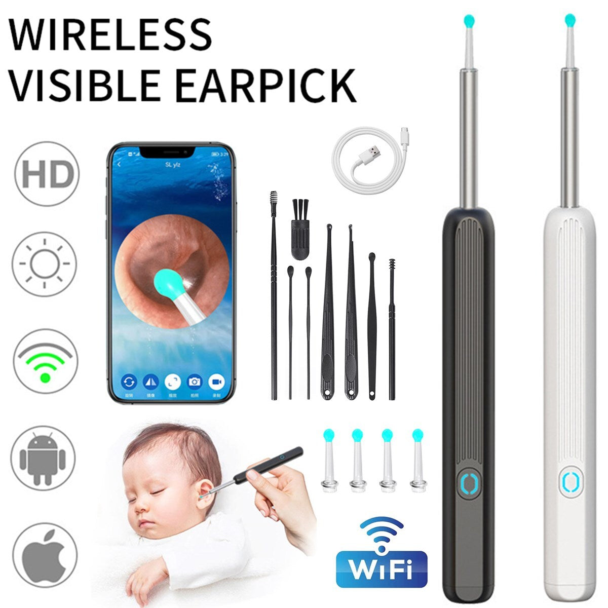 Wi-Fi Visible Ear Wax Elimination Spoon USB 1080P HD Load Otoscope Endoscope US