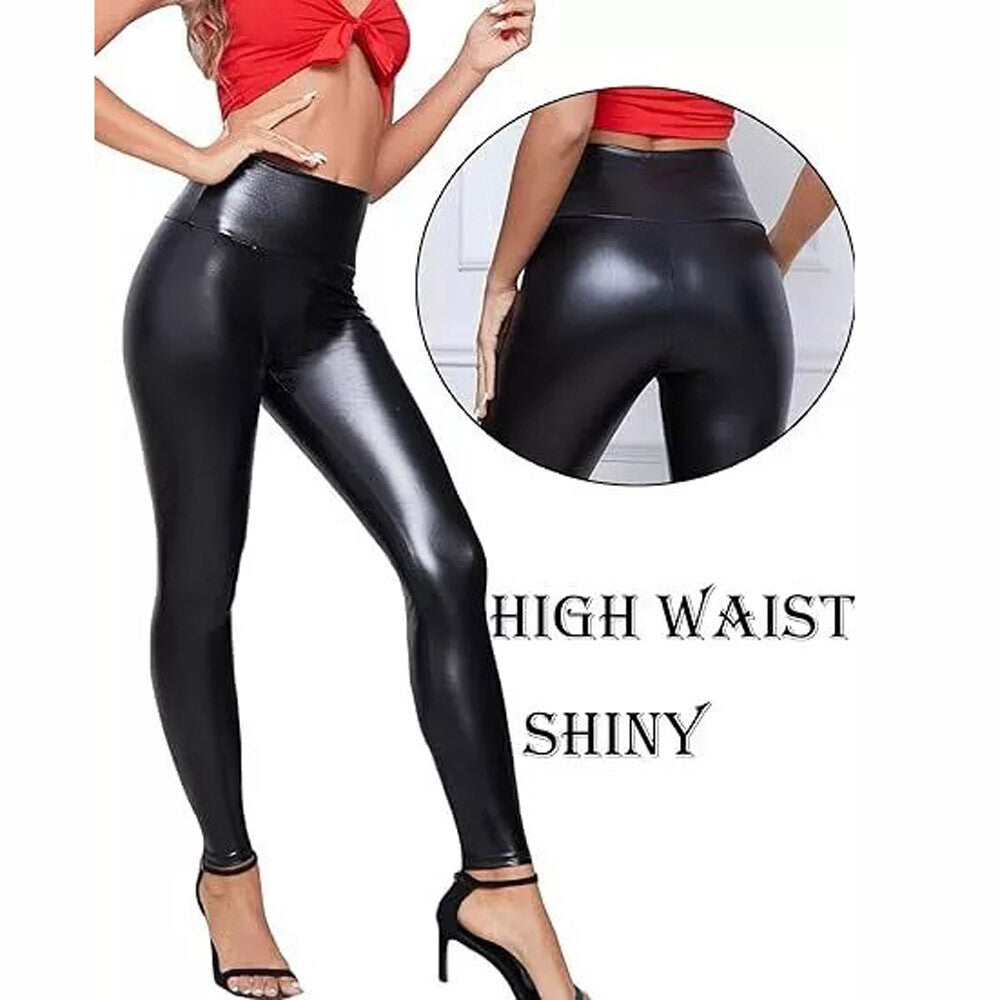 Women Stretchy Faux Leather Leggings Casual PU Pants High Waist Pencil Trousers