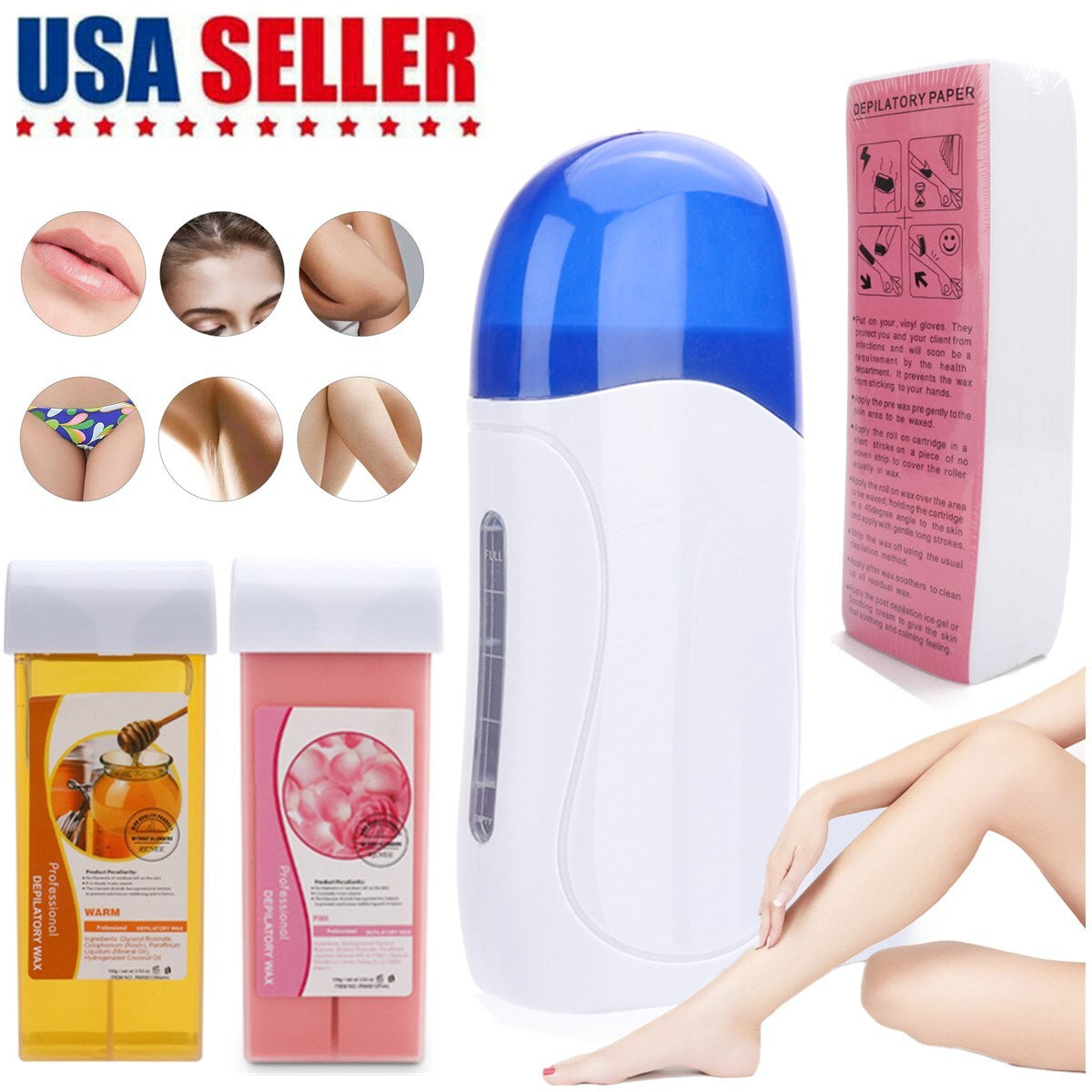Roll on Depilatory Wax Hot Wax Warmer Heater Cartridge Hair Removal Waxing Kit