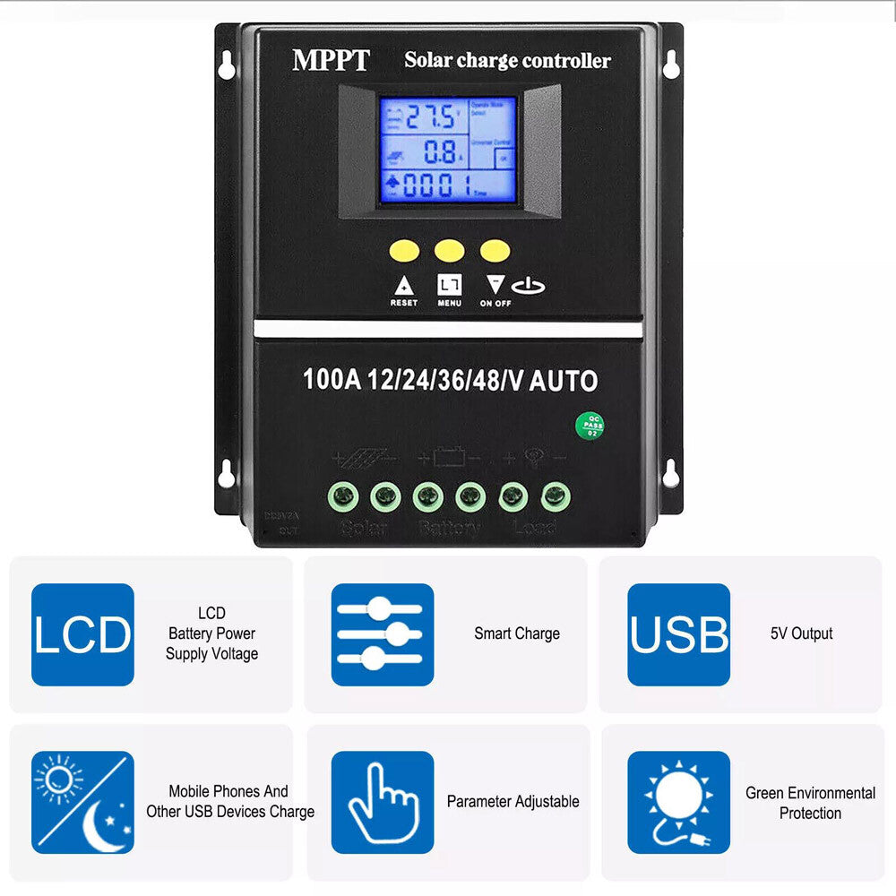 Dual USB 100A MPPT Solar Charge Controller 12V 24V 36V 48V PV Battery Regulator