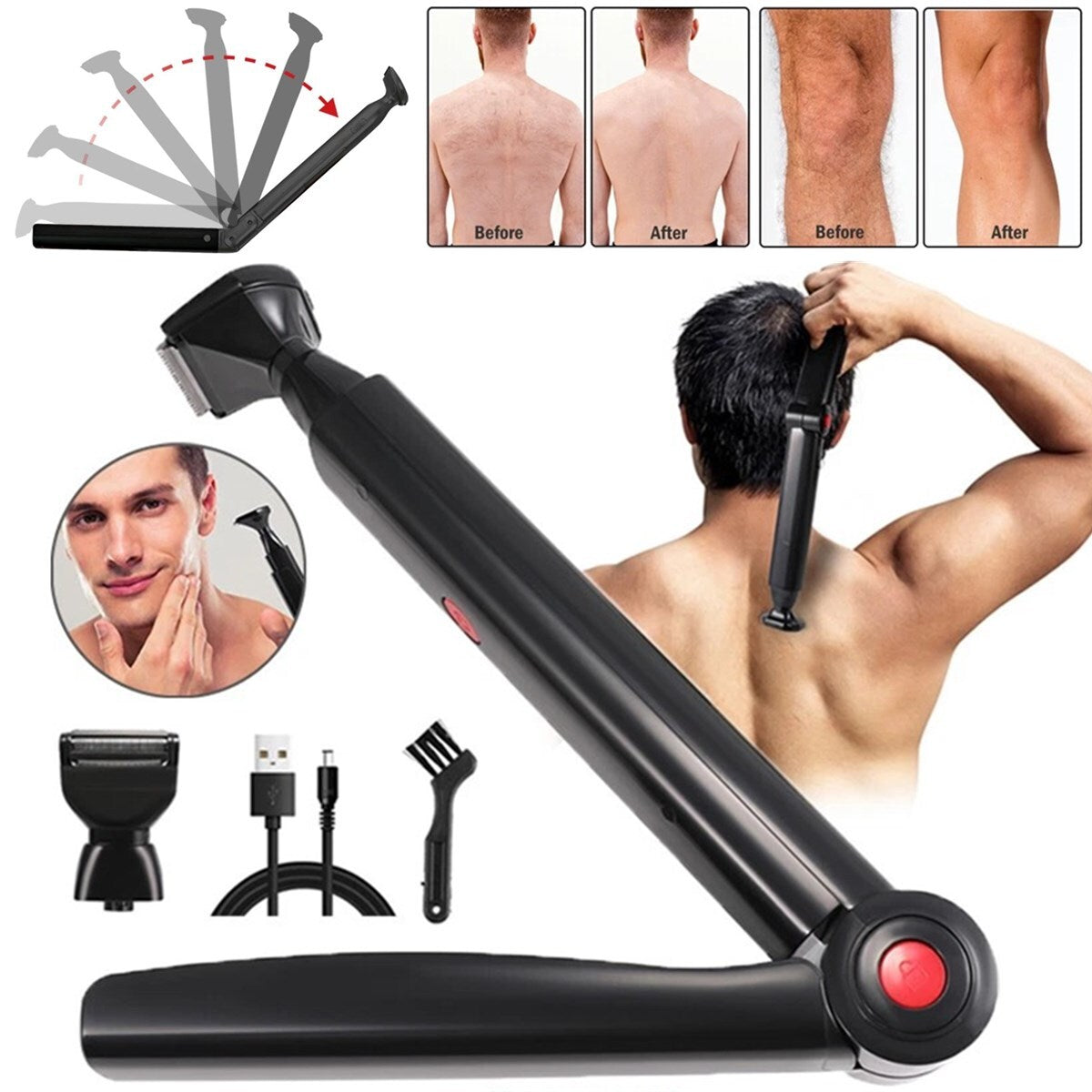 Long Handle Electric Back Shaver for Men Body Hair Removal Razor USB Recharge US