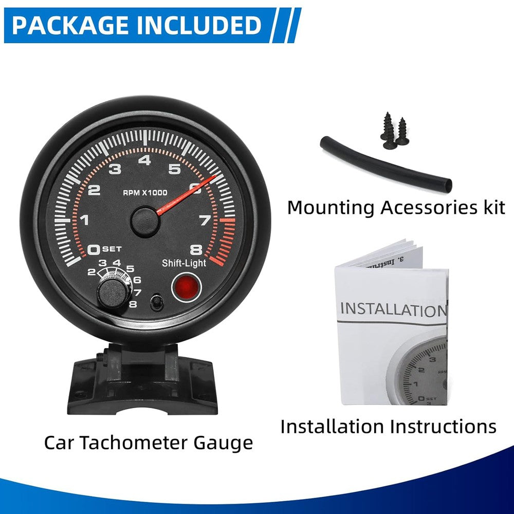 12V 3.75" Universal Car Tachometer Gauge Meter with LED Shift Light 0-8000RPM