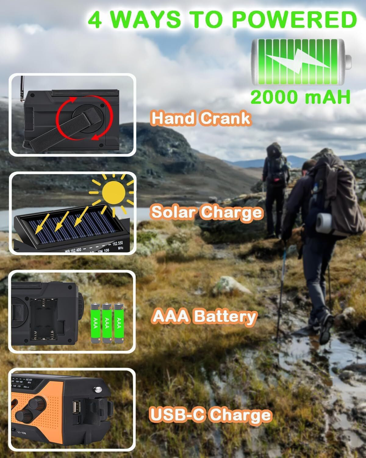 Emergency Solar Hand Crank Weather Radio 2000Mah Power Bank Charger Flash Light